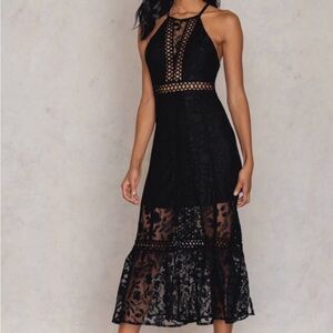 Free People Black Lace Maxi Dress – Open Back, V-Neck, Adjustable Straps